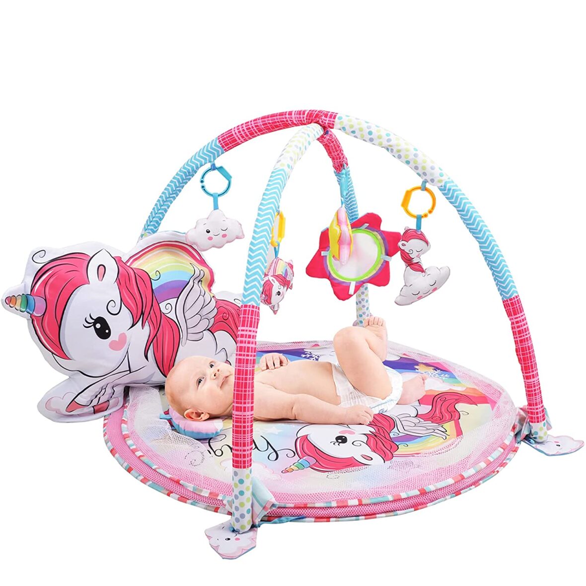 Tapis d’Éveil Licorne avec Arceaux Suspendus et Balles Colorées