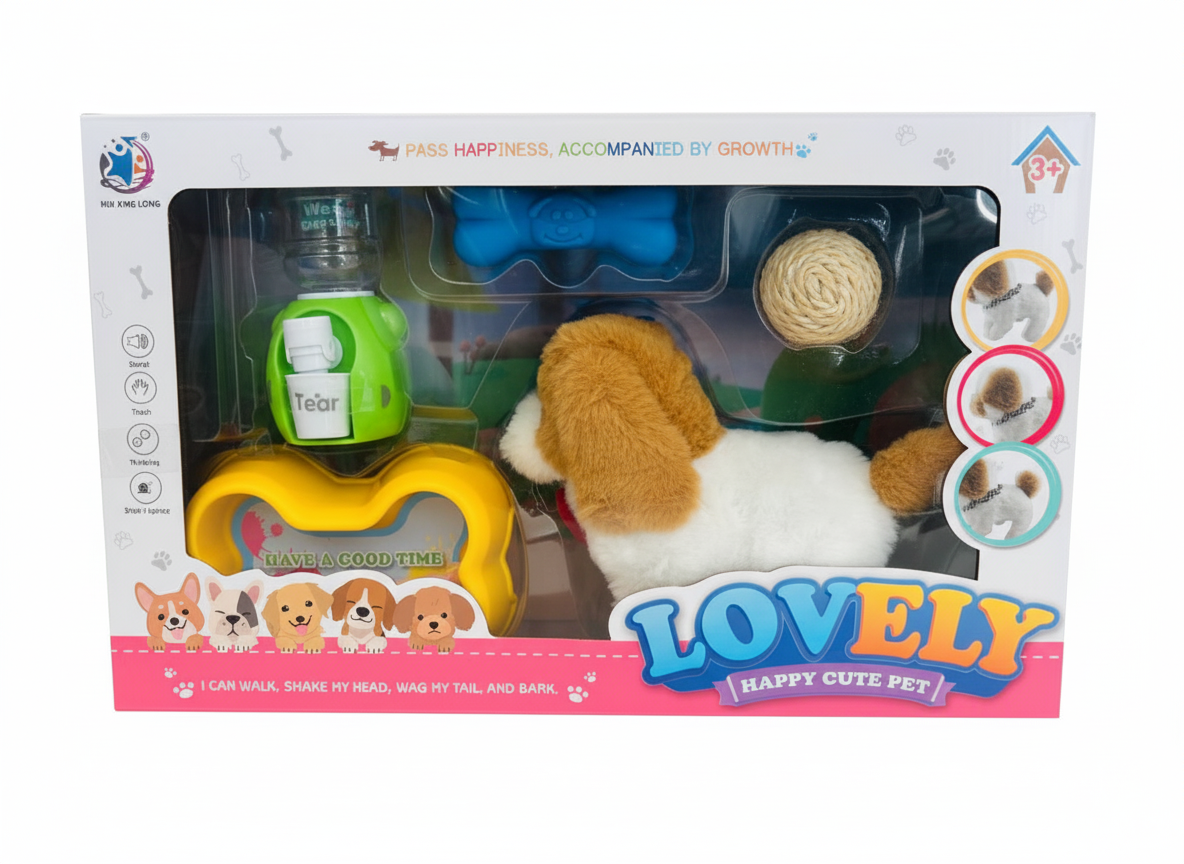 Chien interactif en peluche, de type chiot électronique, qui marche et aboie.