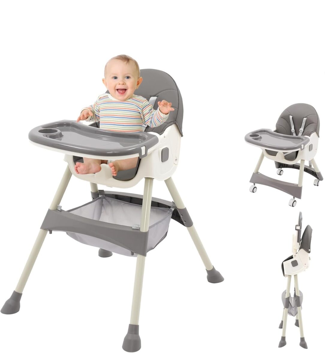 Chaise Haute Bébé Évolutive 5 en 1 – Pliable avec Roulettes