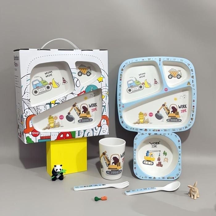 Set Repas Enfant Bambou – Chantier Bleu 5 Pièces