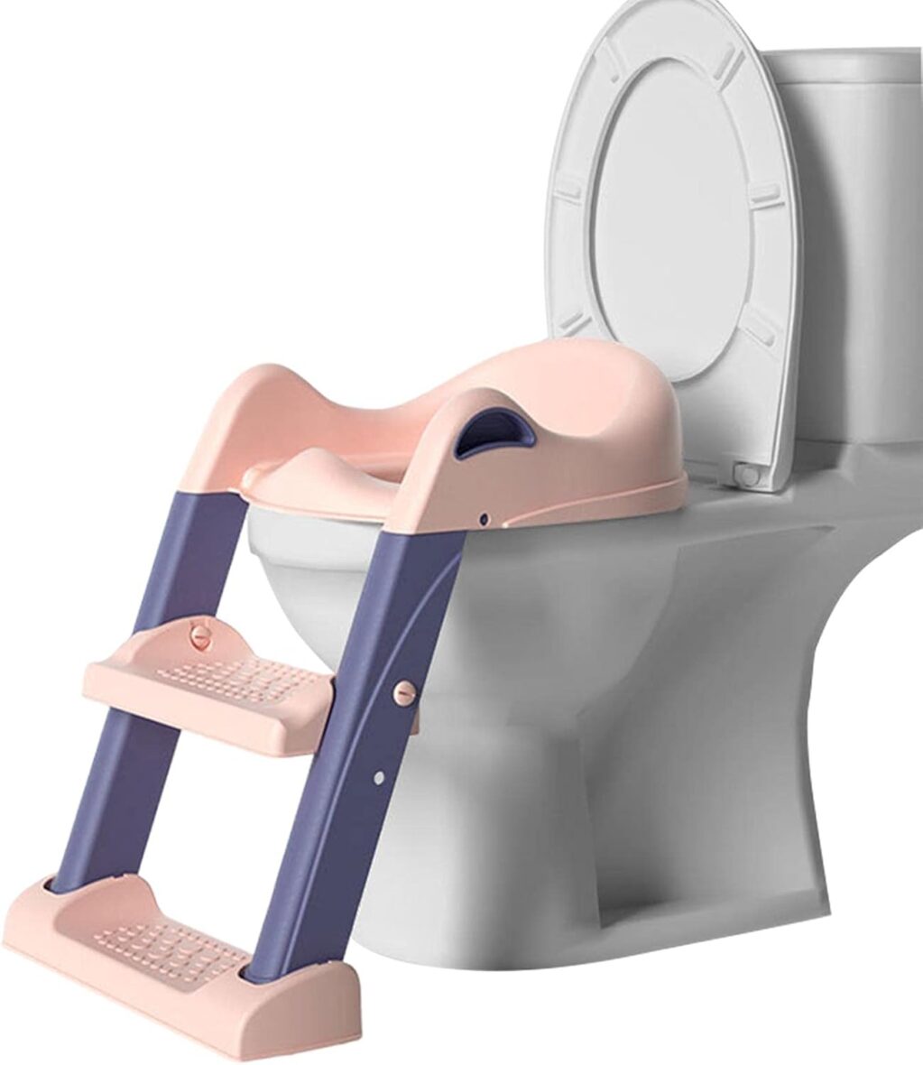Réducteur de Toilette Enfant Pliable avec Échelle et Coussin Doux – Rose