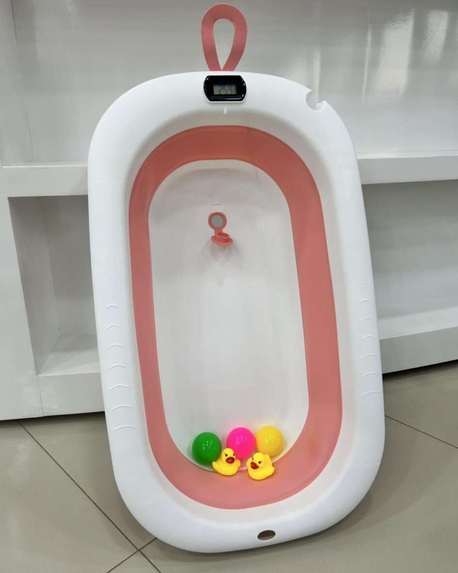 Baignoire Pliable Bébé avec Thermomètre Digital – Rose & Blanc