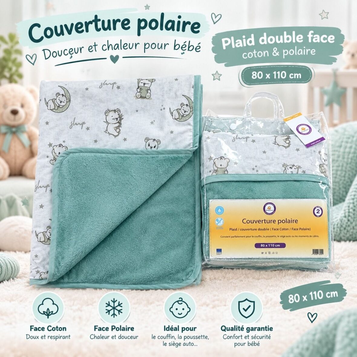 Couverture Polaire Bébé Double Face Roudoudou 80 x 110 cm